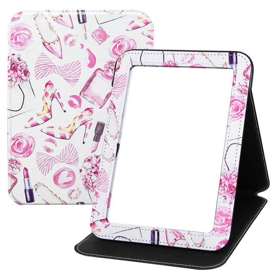 GLINTZ Portable Folding PU Leather Makeup Mirror with Adjustable Stand Large, Rectangular Desktop Vanity Mirror with Rounded Corners for Travel, Camping, Office, 7x9 Inches