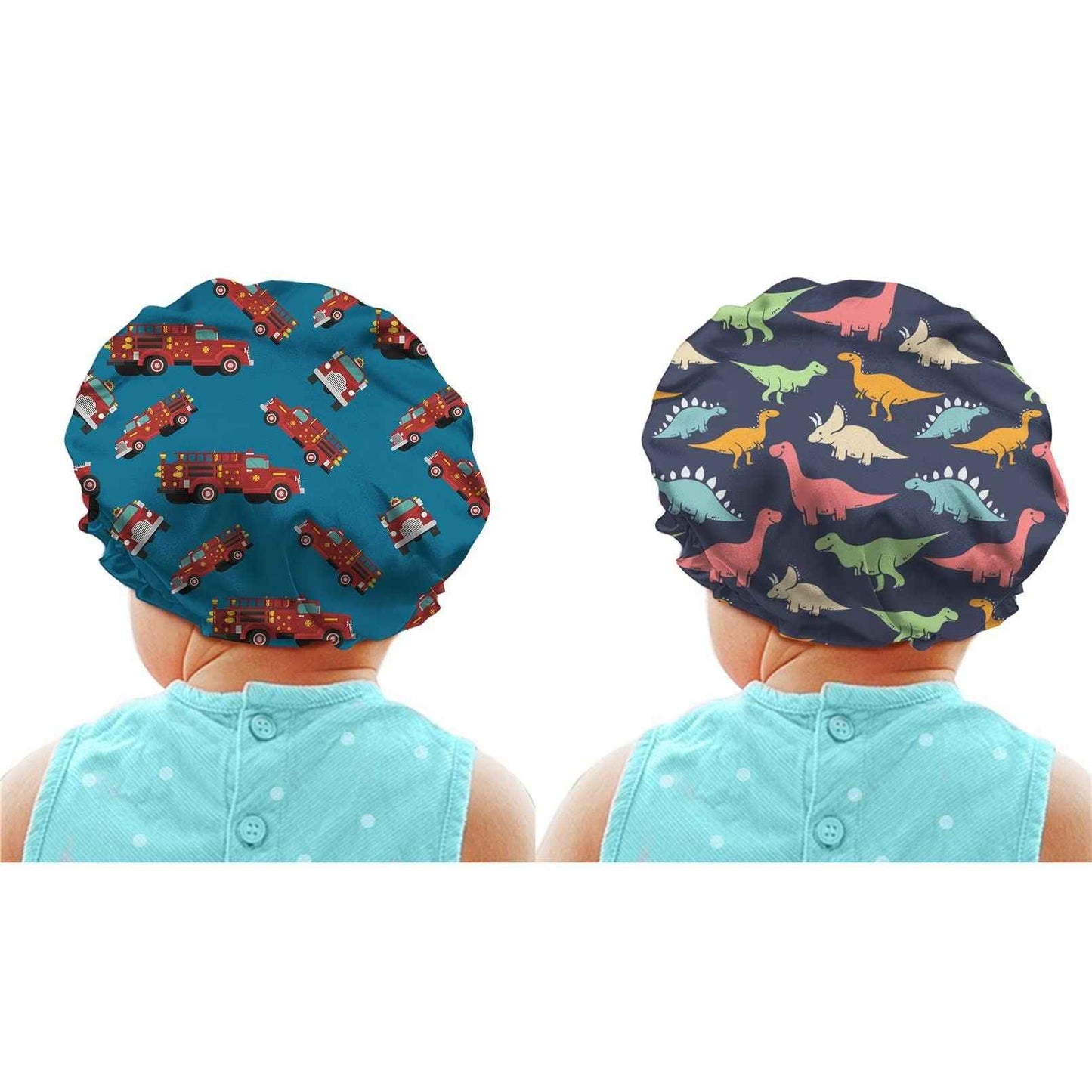 Babrukda 2 Pack Kids Satin Bonnet, Car Dinosaur Print Sleep Cap for Curly Natural Hair Double Layer Reversible Hair Cap Adjustable Sleeping Beanie Hat Night Hat for Boys Girls Toddler Children Baby