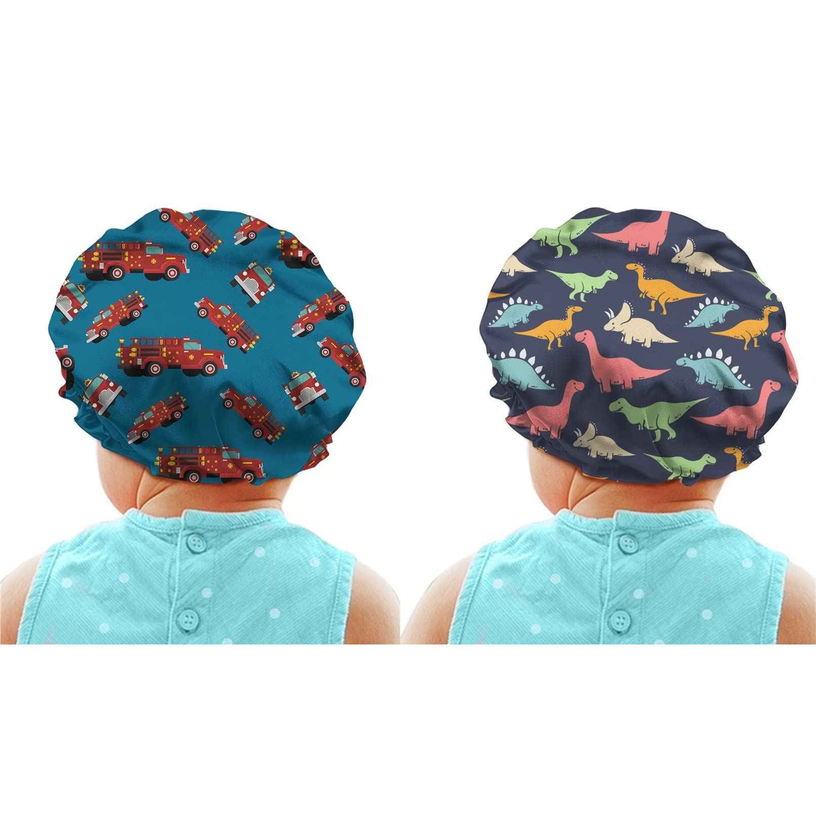 Babrukda 2 Pack Kids Satin Bonnet, Car Dinosaur Print Sleep Cap for Curly Natural Hair Double Layer Reversible Hair Cap Adjustable Sleeping Beanie Hat Night Hat for Boys Girls Toddler Children Baby