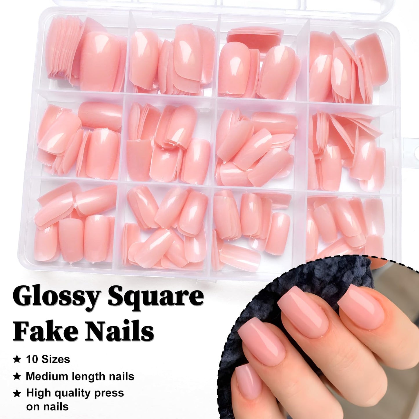 LoveOurHome 240pc Nude Pink Press on Nails Medium Square Fake Nails Press ons Square Nail Tips False Nails Colored Acrylic Nails Presson Artificial Fingernails & Glue Adhesive Tabs for Women Girls