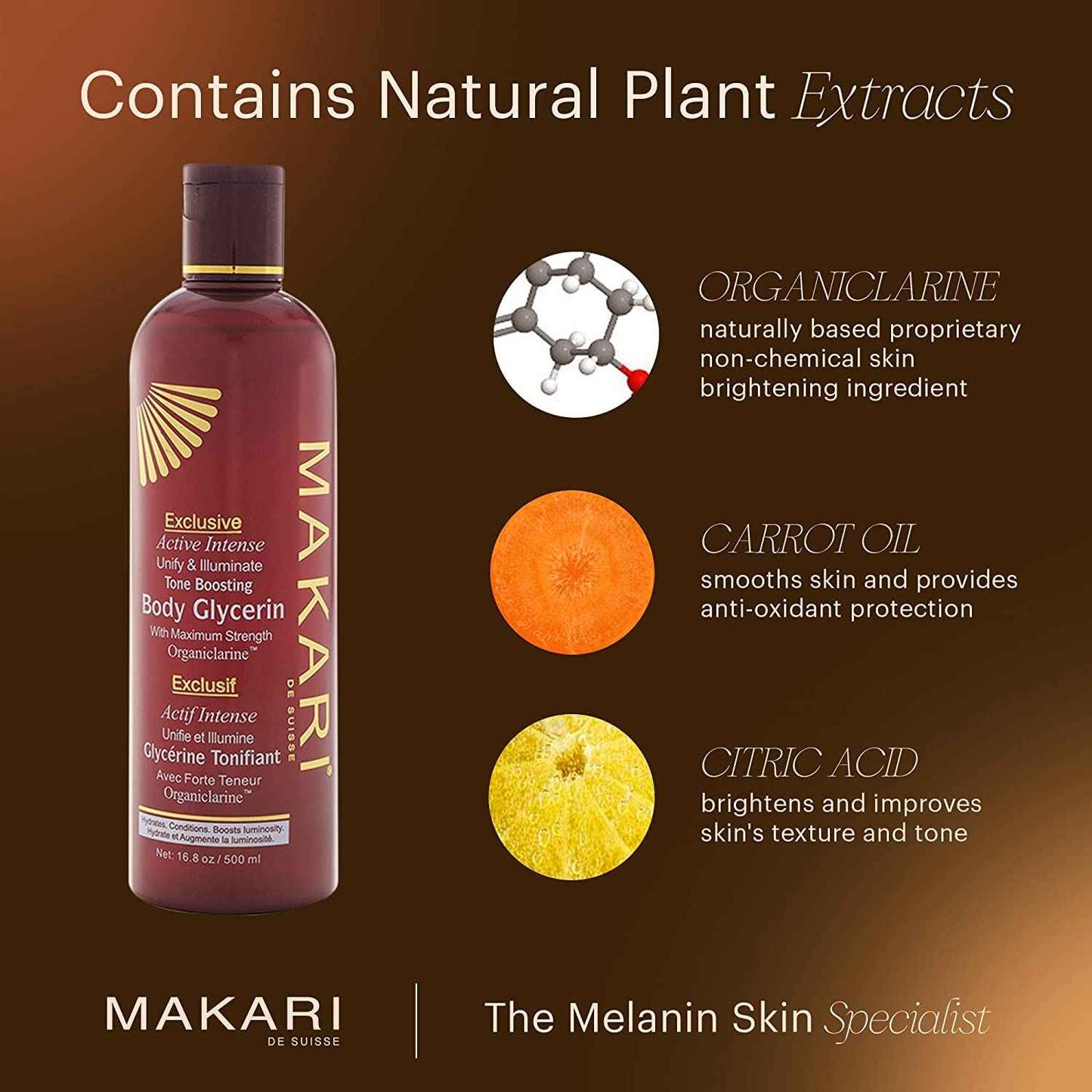 Makari Exclusive Active Intense Tone Boosting Body Glycerin (16.8 oz) | Skin-Brightening Body Glycerin | Moisturizes and Softens | Promotes Even Skin Tone | for All Skin Types Except Sensitive