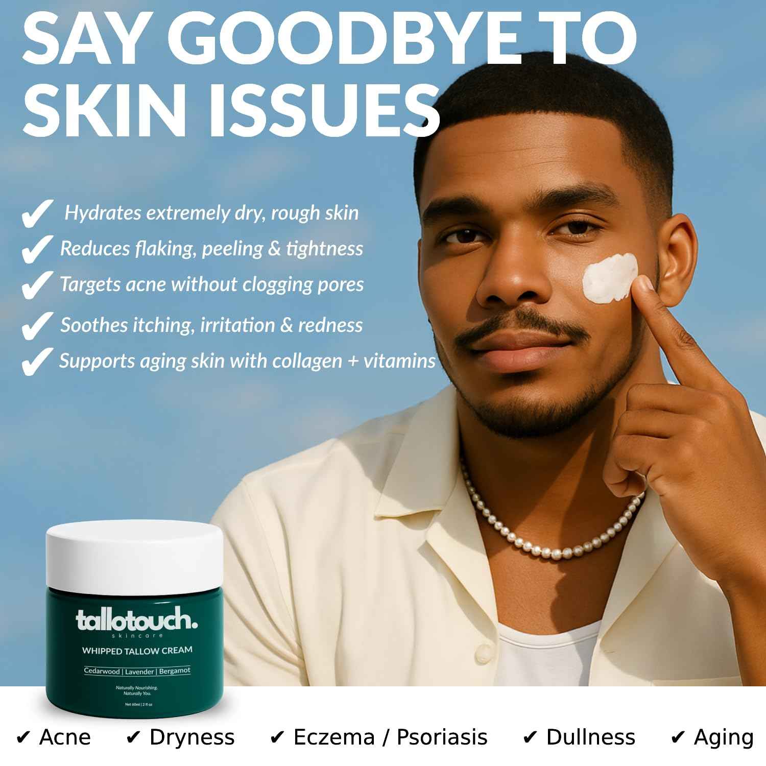 Whipped Tallow Cream for Face & Body - 100% Grass-Fed Beef Tallow, Collagen, Shea Butter & Beeswax Moisturizer, Deep Hydration & Skin Repair, Essential Oils, Fast Absorbing