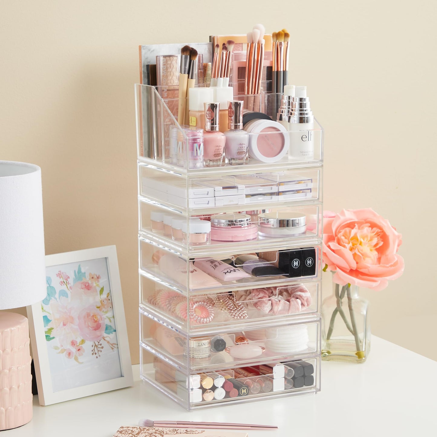 STORi Chloe Clear Plastic Stackable Vanity Makeup Organizer | Rectangular 6-Compartment Holder for Cosmetics, Brushes, Eyeshadow Palettes, & Beauty Supplies | Made in USA