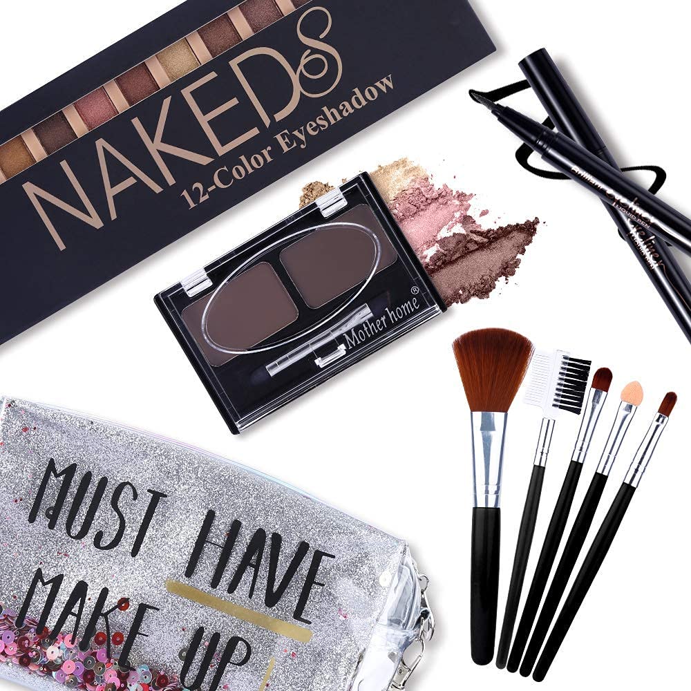 All in One Makeup Kit,12 Colors Nude Shimmer Eyeshadow Palette, Waterproof Black Eyeliner Pencil, Duo Pressed Eyebrow Powder Kit, 5 Brushes With Quicksand Cosmetic Bag Gift Set