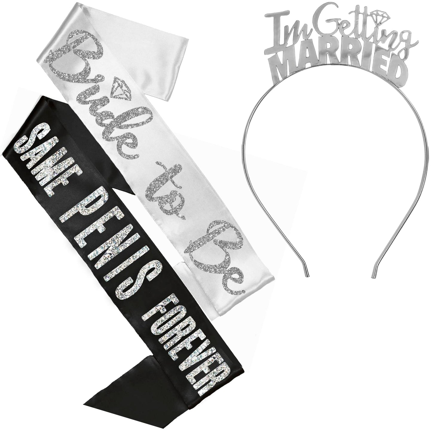 Hilarious Rhinestone Bachelorette Sash - SET OF 3: Silver Diamond Bride to Be, Silver SPF Black Satin, & Silver I'm Getting Married Headband - Naughty Bach Party Supplies