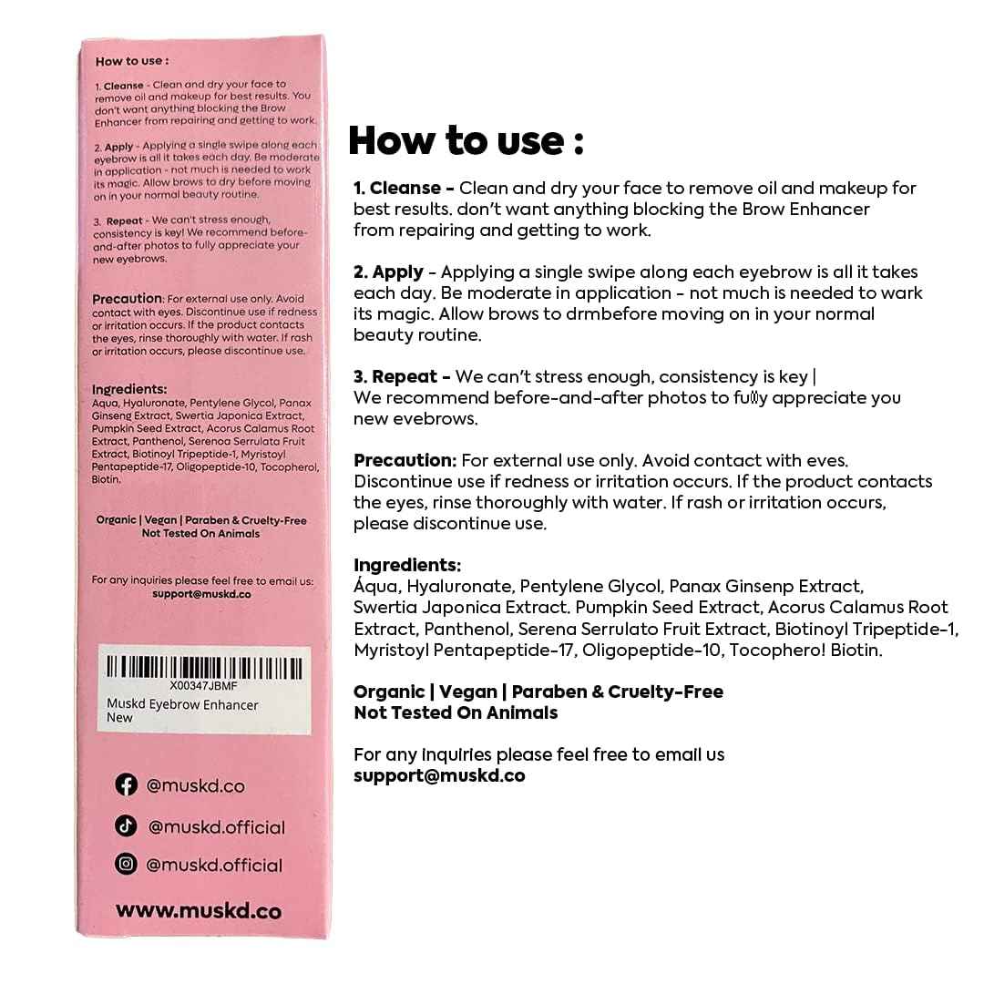 MUSKD Eyebrow Growth Serum - Best Eyebrow Serum for Women to Grow Brows Fast & Thicker - Hair Growth Enhancer - Natural, Vegan & Cruelty Free for Fuller, Nourished Look (3ML)