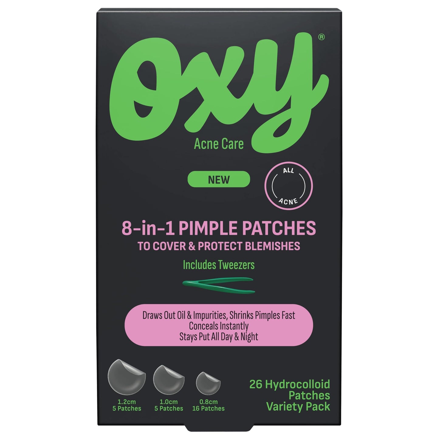 Oxy 8 IN 1 Pimple Acne Patches, Invisible, Sweat & Waterproof Hydrocolloid Zit Covers Protect & Shrink Pimples, Fast On Face & Body, 26 Count in 3 Sizes, Tweezers Included (3x26ct)