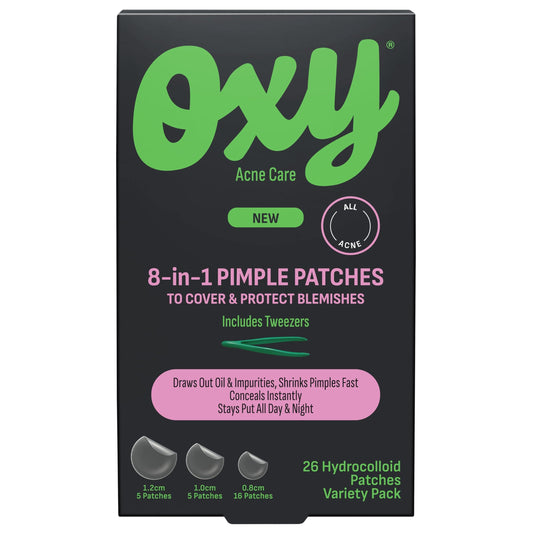 Oxy 8 IN 1 Pimple Acne Patches, Invisible, Sweat & Waterproof Hydrocolloid Zit Covers Protect & Shrink Pimples, Fast On Face & Body, 26 Count in 3 Sizes, Tweezers Included (3x26ct)
