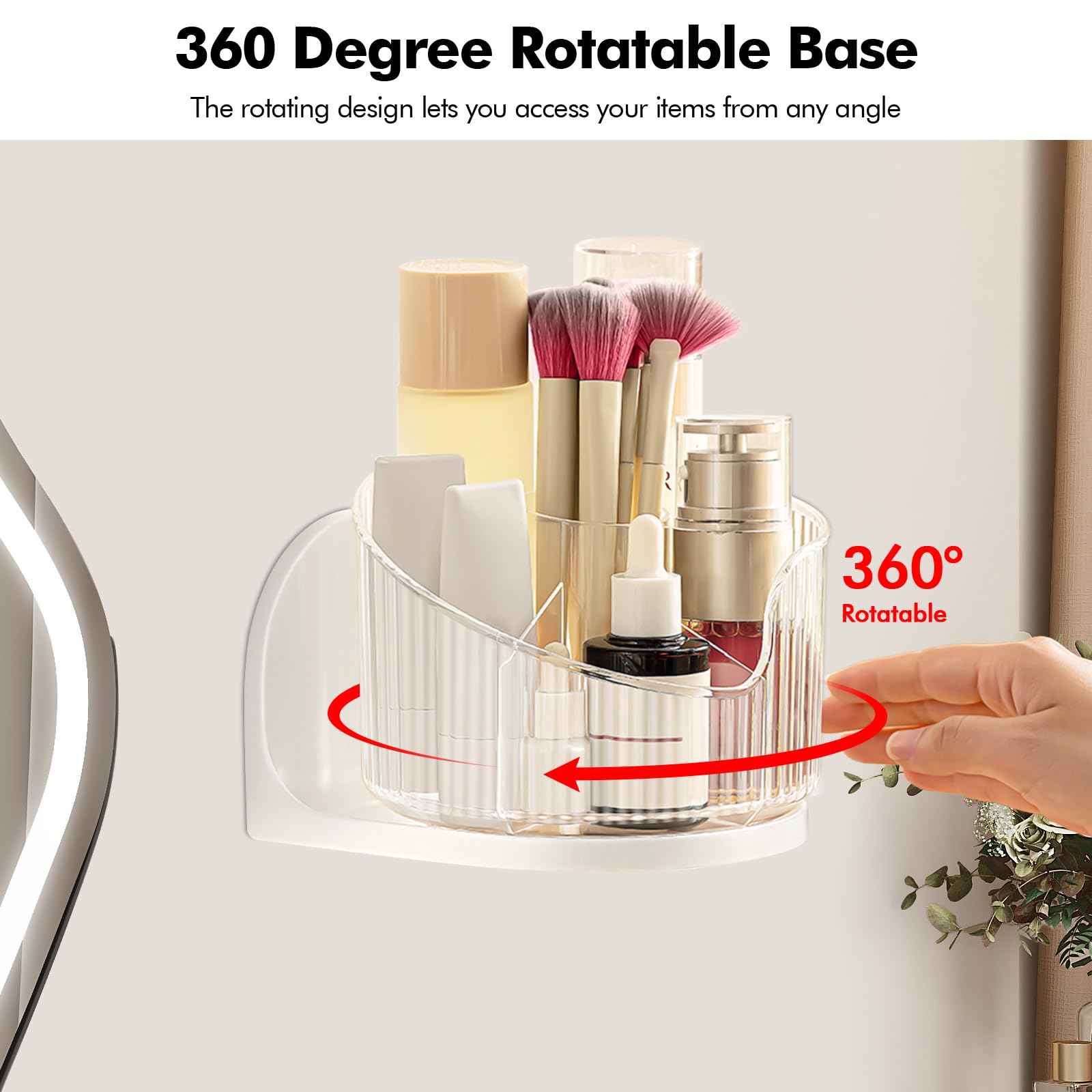Poeland Wall Mounted Makeup Brushes Organizer, 360 Rotating Makeup Holder with 6 Compartments for Skincare Products, Makeup Brushes