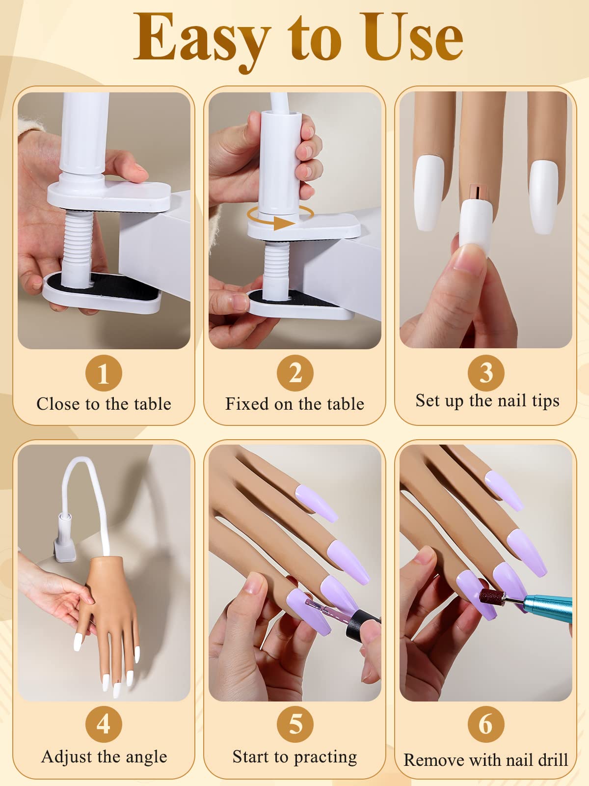 Practice Hand for Acrylic Nails- Silicone Nail Hand Practice Upgrade Nail Tips Never Fall Off, Fake Nail Manican Hand for Nail Practice, Flexible Practice Maniquin Hand with 200PCS Nail Tips