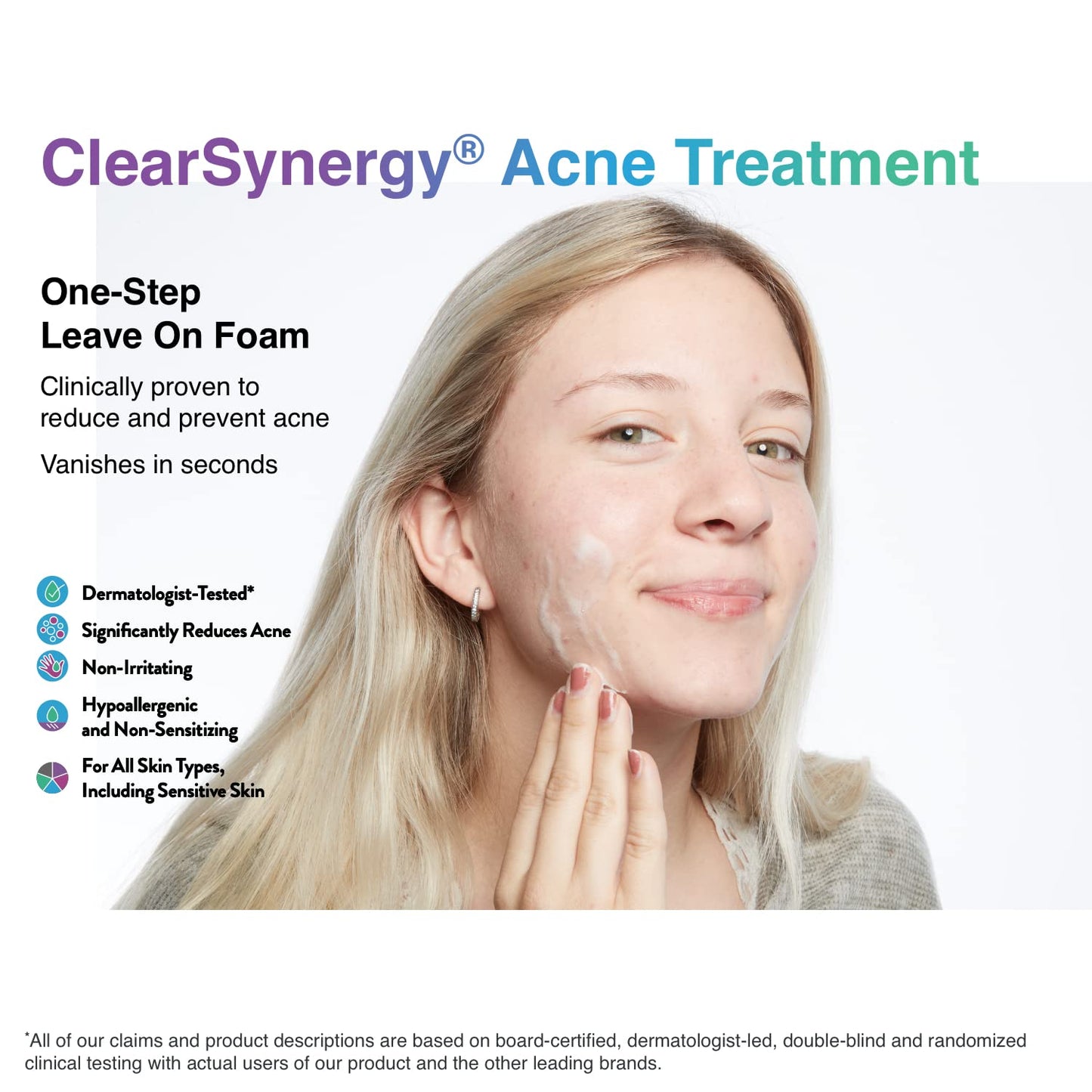 ClearSynergy One-Step Acne Treatment Foam, Dermatologist Tested, Non-Irritating, Safe for All Skin Types Including Sensitive Skin, Vanishes Quickly, Fragrance Free, 1.69 Fl Oz