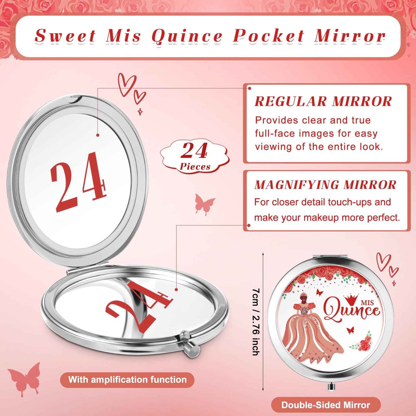 Menkxi 24 Sets Quinceanera Party Favors for Guests Mis Quince Compact Pocket Mirrors and Quinceanera Cards with Organza Bags for 15 Years Sweet Mis Quince Birthday Party Favor (Red)
