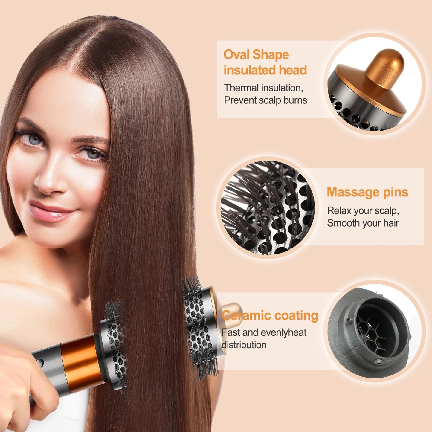 YTCHYYSK Large Round Volumizing Brush for Dyson Airwrap Attachments, Nickel/Copper, Bigger Oval Volumizer for Fluffy Styling