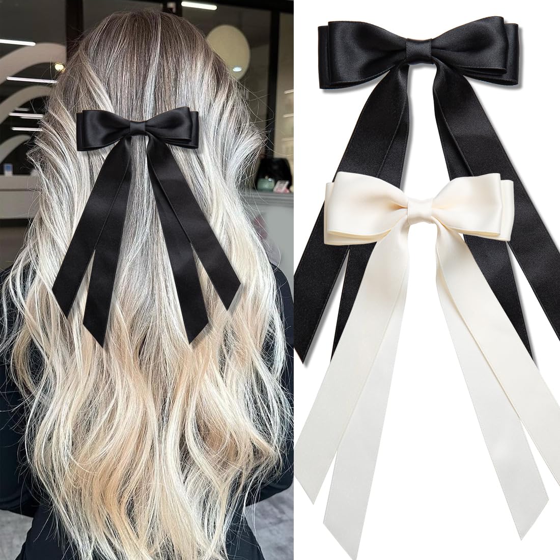 Large Double Ribbon Hair Bows and Barrettes - 2 PCS Hair Bow Claw Clips and Ribbons Accessories for Women (Beige, Black)