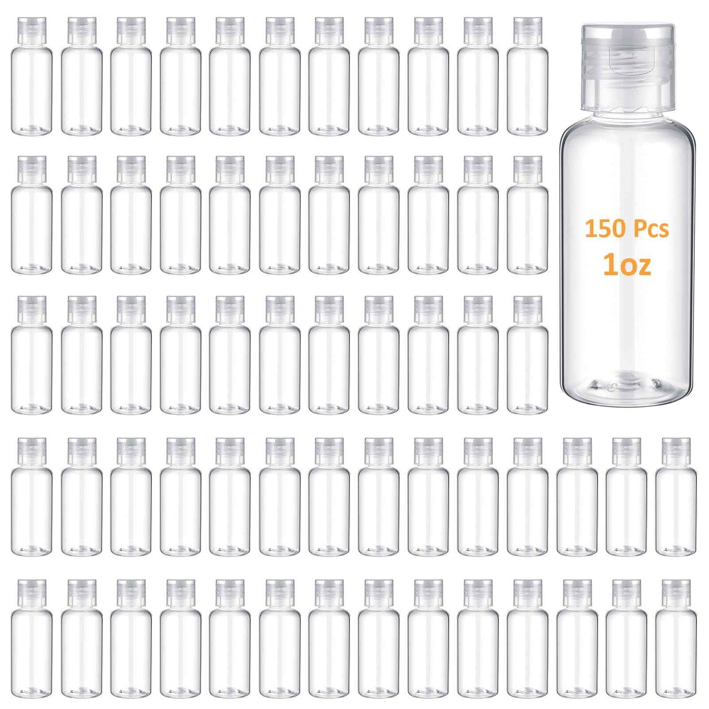 Mimorou 150 Pcs 1oz Travel Bottles Bulk for Toiletries Clear Small Travel Size Bottles Bulk Refillable Empty Containers for Shampoo Lotion Liquid Body Soap Cream Toiletries