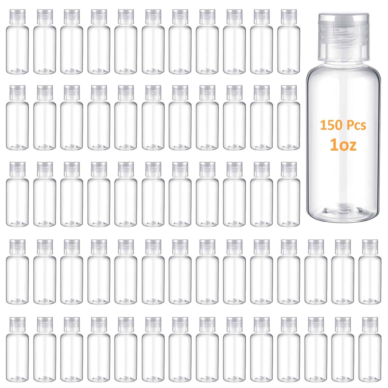 Mimorou 150 Pcs 1oz Travel Bottles Bulk for Toiletries Clear Small Travel Size Bottles Bulk Refillable Empty Containers for Shampoo Lotion Liquid Body Soap Cream Toiletries