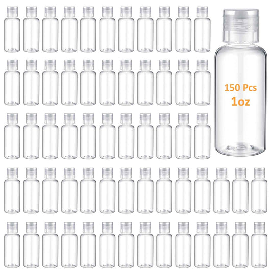 Mimorou 150 Pcs 1oz Travel Bottles Bulk for Toiletries Clear Small Travel Size Bottles Bulk Refillable Empty Containers for Shampoo Lotion Liquid Body Soap Cream Toiletries