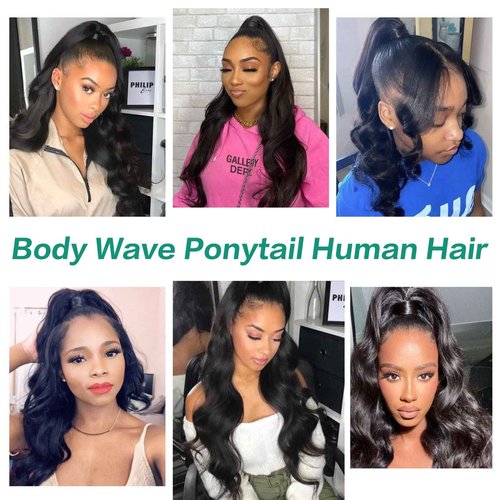 Humistwbiu Human Hair Body Wave Ponytail with Magic Paste Warp Around 100% Brazilian Virgin Human Hair Ponytail for Black Women Natural Color 16 Inch