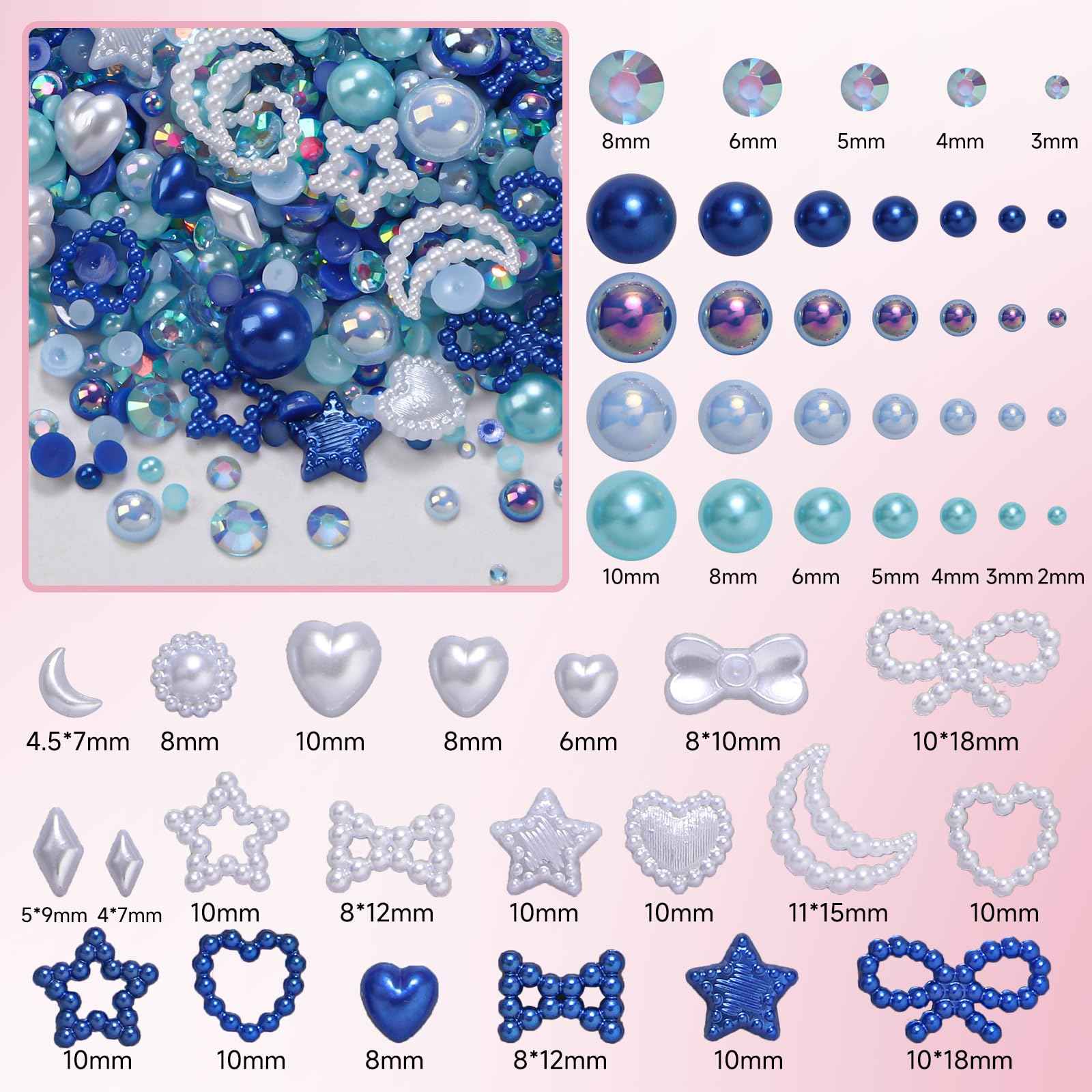 50g Blue Color Flatback Rhinestones Pearls for Bedazzling, 3-8mm Flatback Rhinestone Gems, 2-10mm Pearls Beads, Moon Star Heart Bowknots Pearl Nail Charms for Crafts DIY Clothes Tumblers