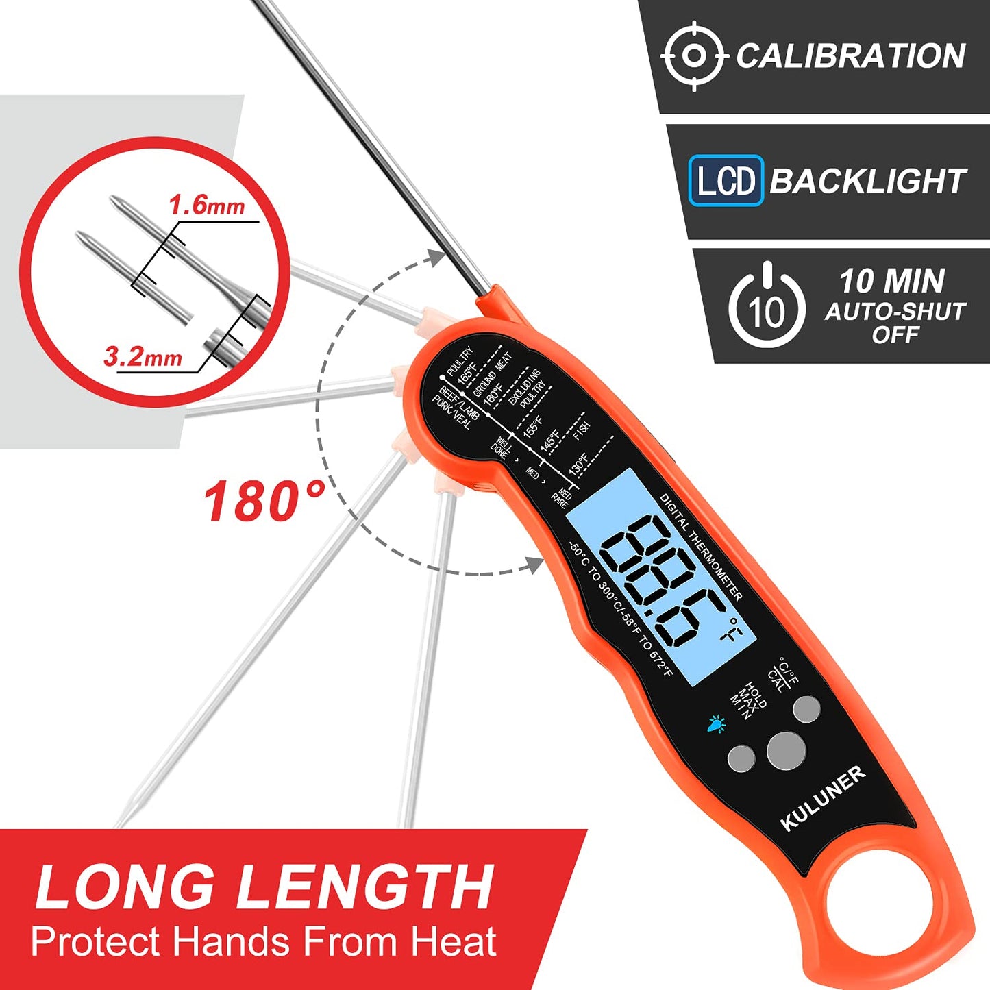 KULUNER TP-01 Waterproof Digital Instant Read Meat Thermometer with 4.6 Folding Probe Backlight Calibration Function for Cooking Food Candy, BBQ Grill, Liquids,Beef(Orange)