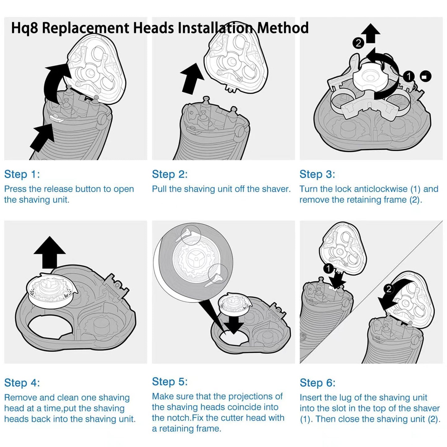 HQ8 Replacement Heads for Philips Norelco Aquatec Replacement Heads for Norelco Aquatec Shavers Razor Replacement Blades for PT720 PT730 AT880 At830 AT810 AT815, Upgraded HQ8 Blades,6Pack & Brush