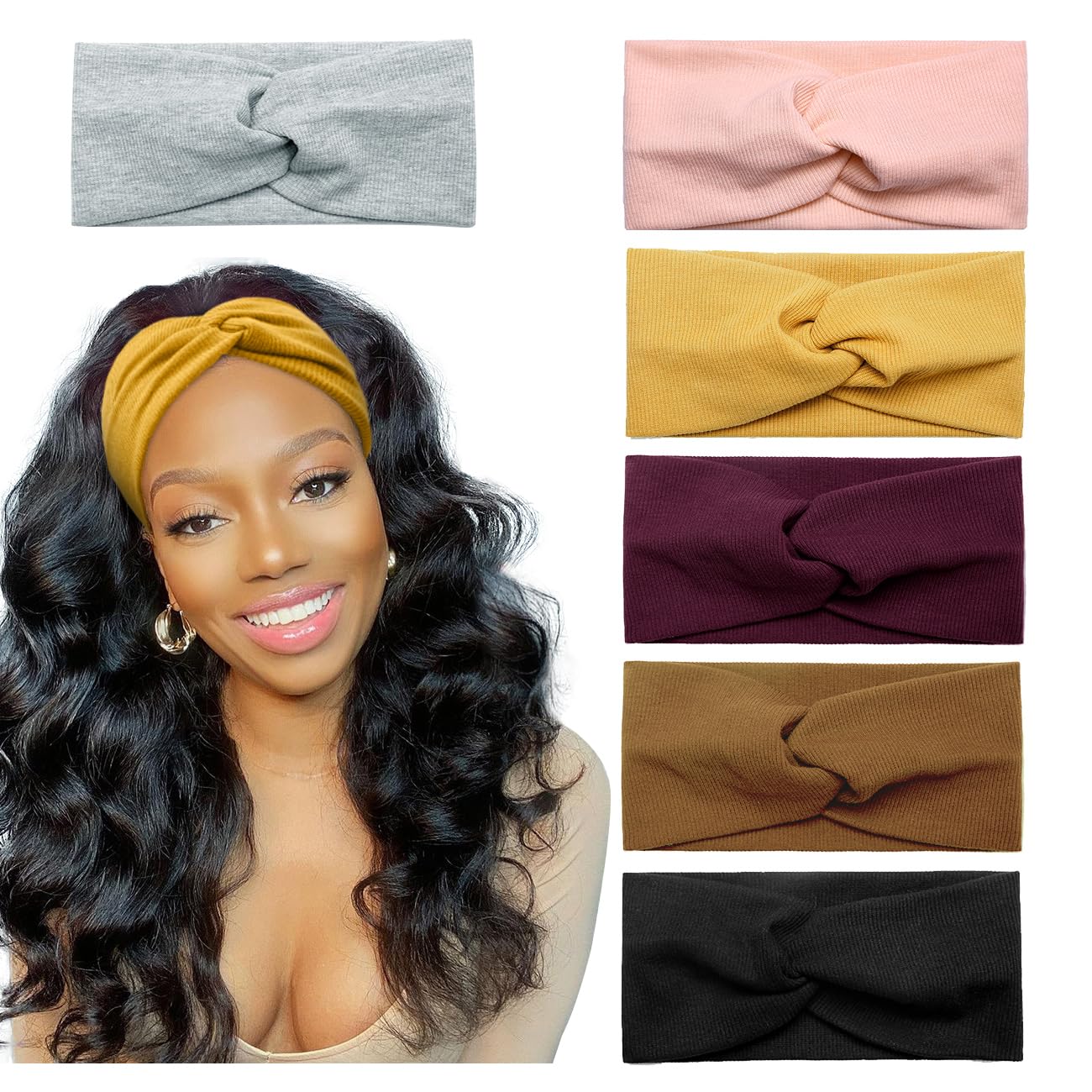 Huachi Turban Headbands for Women Wide Head Wraps Knotted Elastic Teen Girls Yoga Workout Solid Color Hair Accessories, 6 Pack