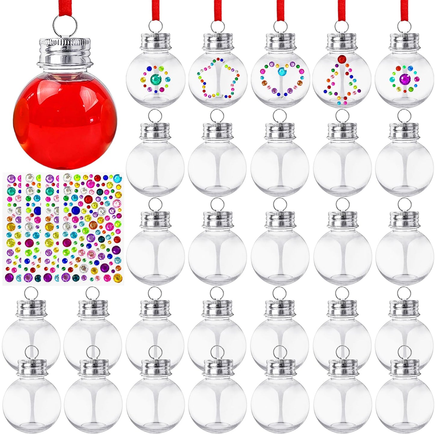 30 Pieces Christmas Clear Plastic Ornaments Balls,Christmas Booze Balls,Christmas Fillable Tree Hanging Ornaments Water Bottle Bulbs with Rhinestone Stickers for Wedding Party Christmas Decor