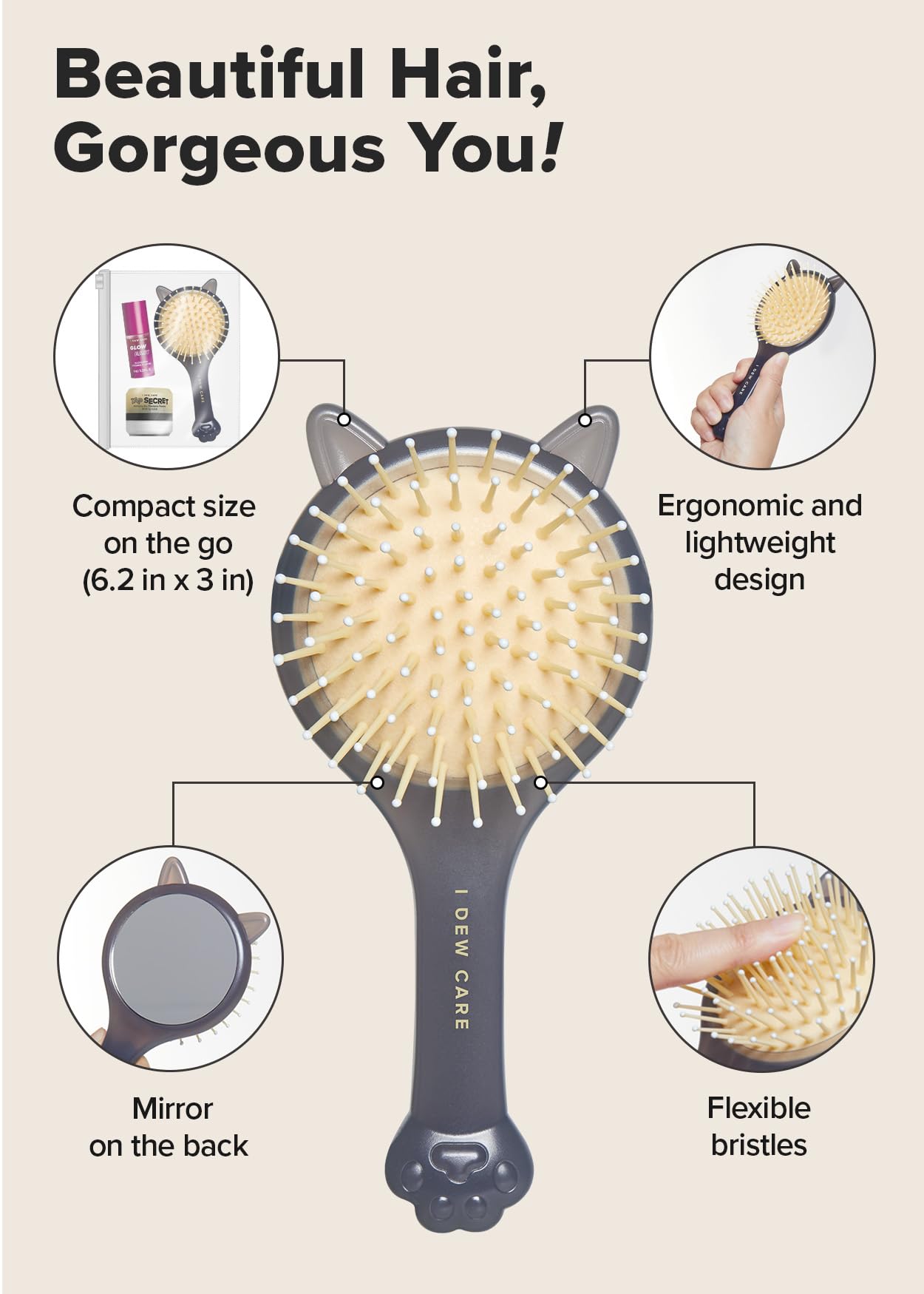 I DEW CARE Tap Secret Hair Brush | Detangling Hair Brush with Mirror, Cute and Ergonomic Design, For All Hair Types - Gifts for Women, Girls