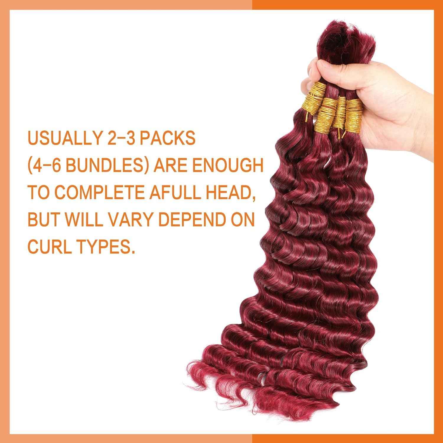 Ubinica Burgundy Deep Wave Braiding Human Hair 2 Bundles Total 100g 24 Inch Deep Wave Bulk Braiding Hair for Boho Braids