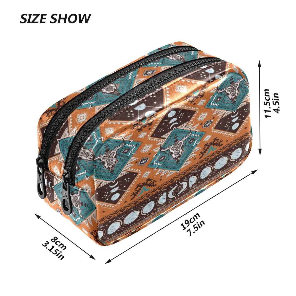 ALAZA Indian Tribal Aztec Ornament Geometric Pattern with Skulls Cosmetic Bag Leather Pencil Case Waterproof Portable Travel Makeup Pouch with Zipper for Women