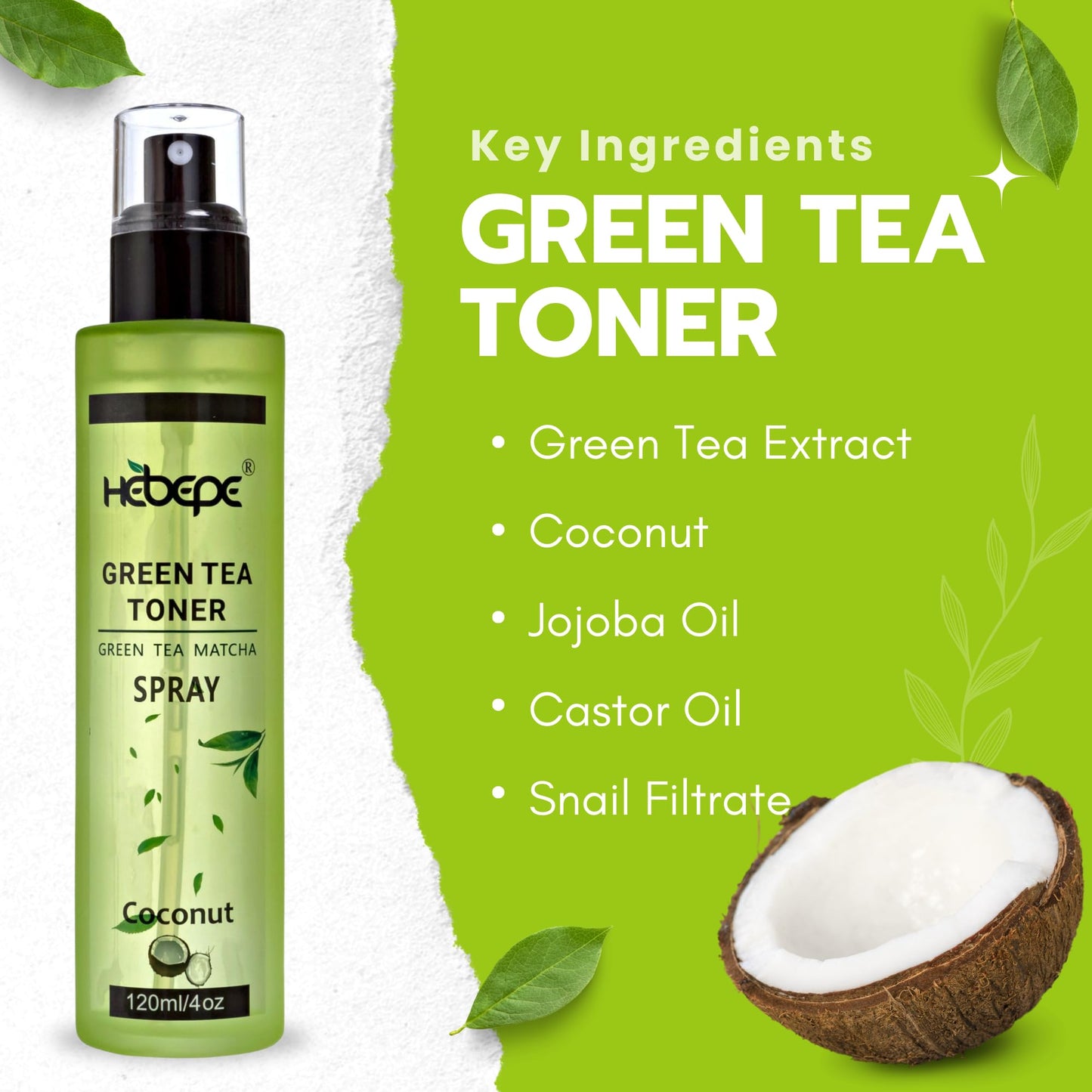 Hebepe Green Tea Matcha Facial Toner Mist with Coconut Water, Refreshing, and Soothing Face Toner, with Jojoba Oil, Castor Oil, Snail Filtrate,120ml