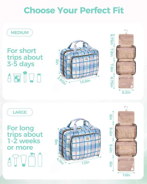 BALULHG Travel Hanging Toiletry Bag for Women,Makeup Bag Cosmetic Organizer Waterproof with Hanging Hook Multiple Pockets for Women Travel Essentials Plaid Blue