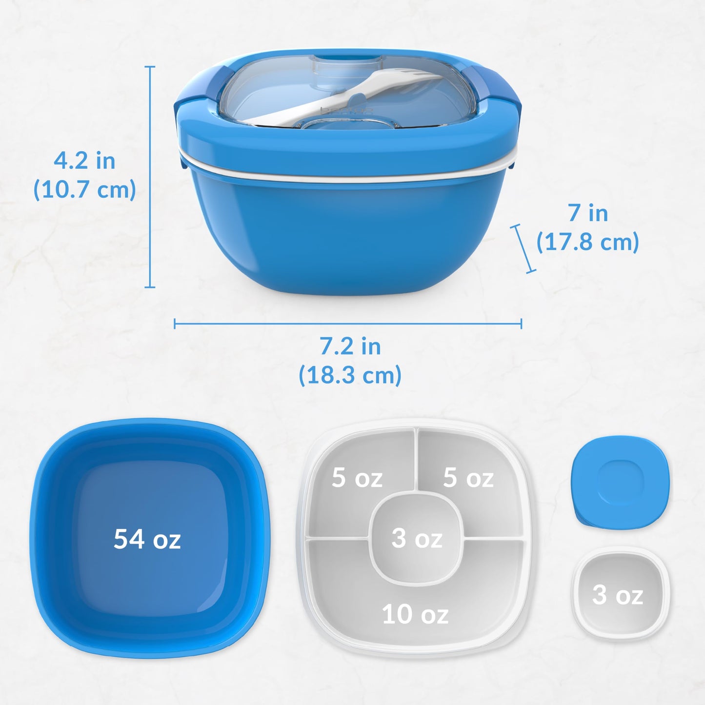 Bentgo All-in-One Salad Container - Large Salad Bowl, Bento Box Tray, Leak-Proof Sauce Container, Airtight Lid, & Fork for Healthy Adult Lunches; BPA-Free & Dishwasher/Microwave Safe (Blue)