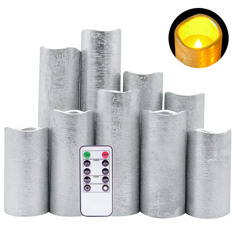 DRomance LED Flameless Flickering Candles Battery Operated with Remote and Timer, Set of 9 Silver Coating Warm Light Real Wax Pillar Candles for Christmas Home Decoration(D 2.2" x H 4"-9")