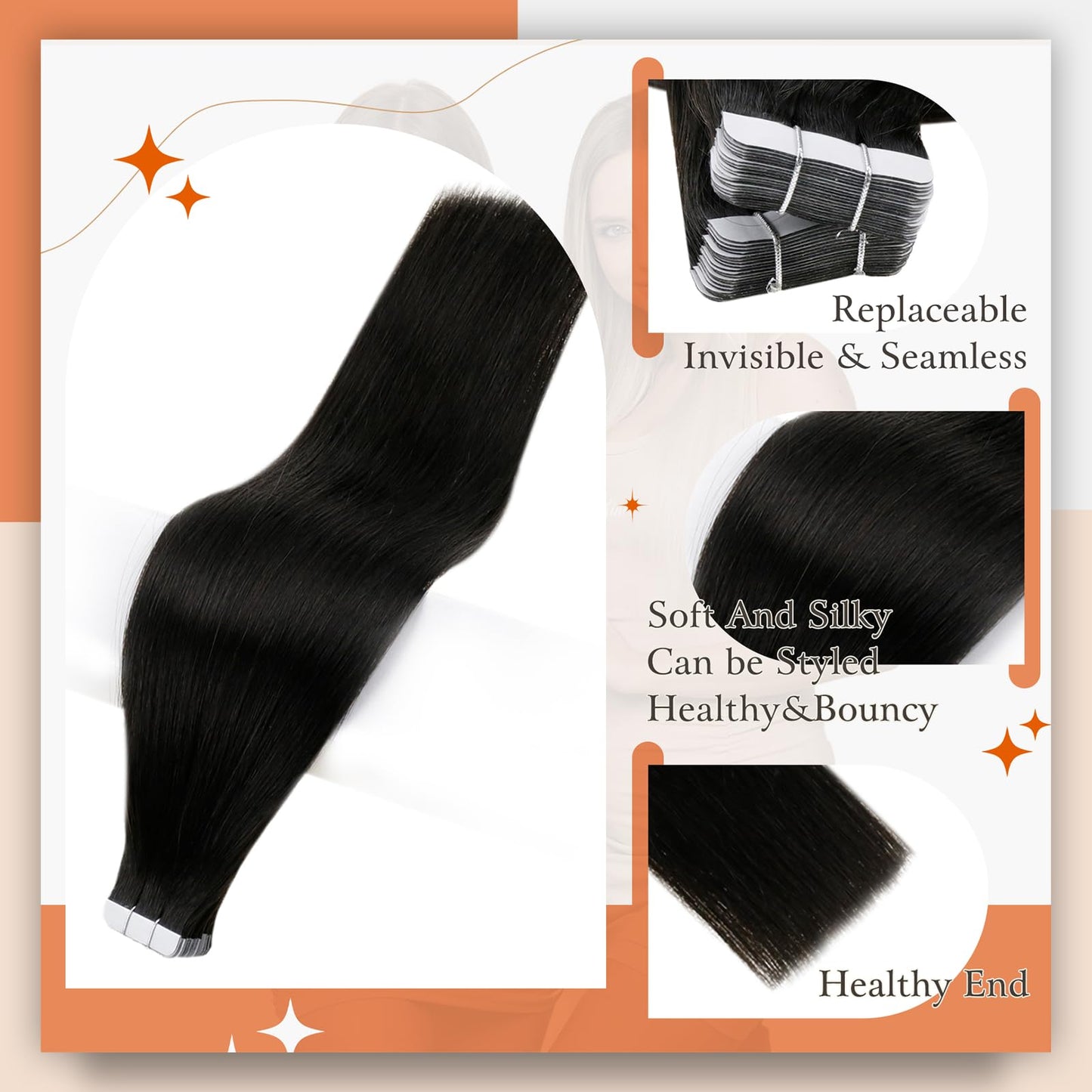 Full Shine Tape in Hair Extensions Human Hair 18Inch Seamless Skin Weft Pu Tape ins Human Hair Extensions Color 1B Off Black Tape in Extensions Real Human Hair 20Pcs 50G Invisible Remy Hair