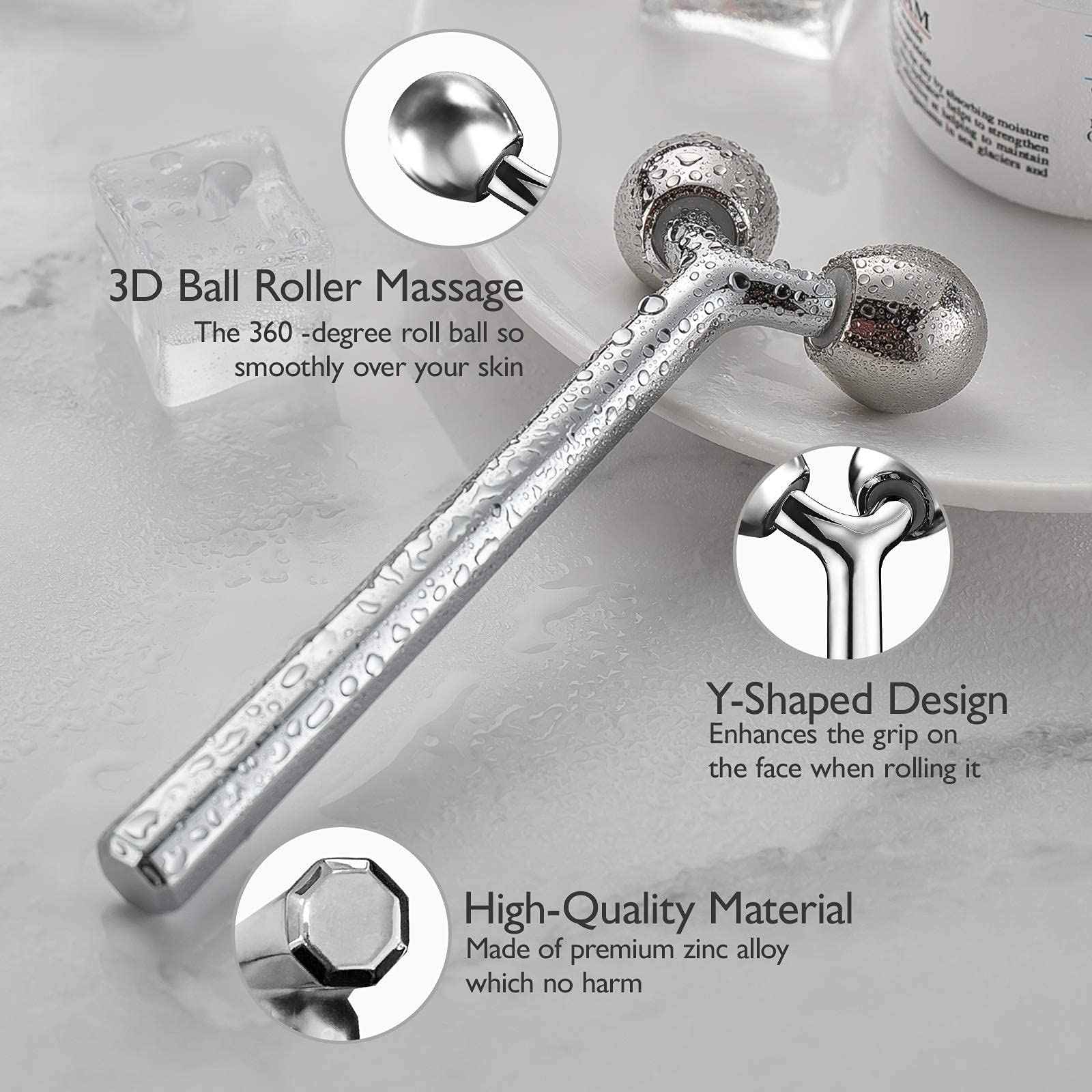 Tekson Faical Roller Massager and 3PCS Eye Roller Cream, 3D Metal Face Massage Tool for Reduce Puffines