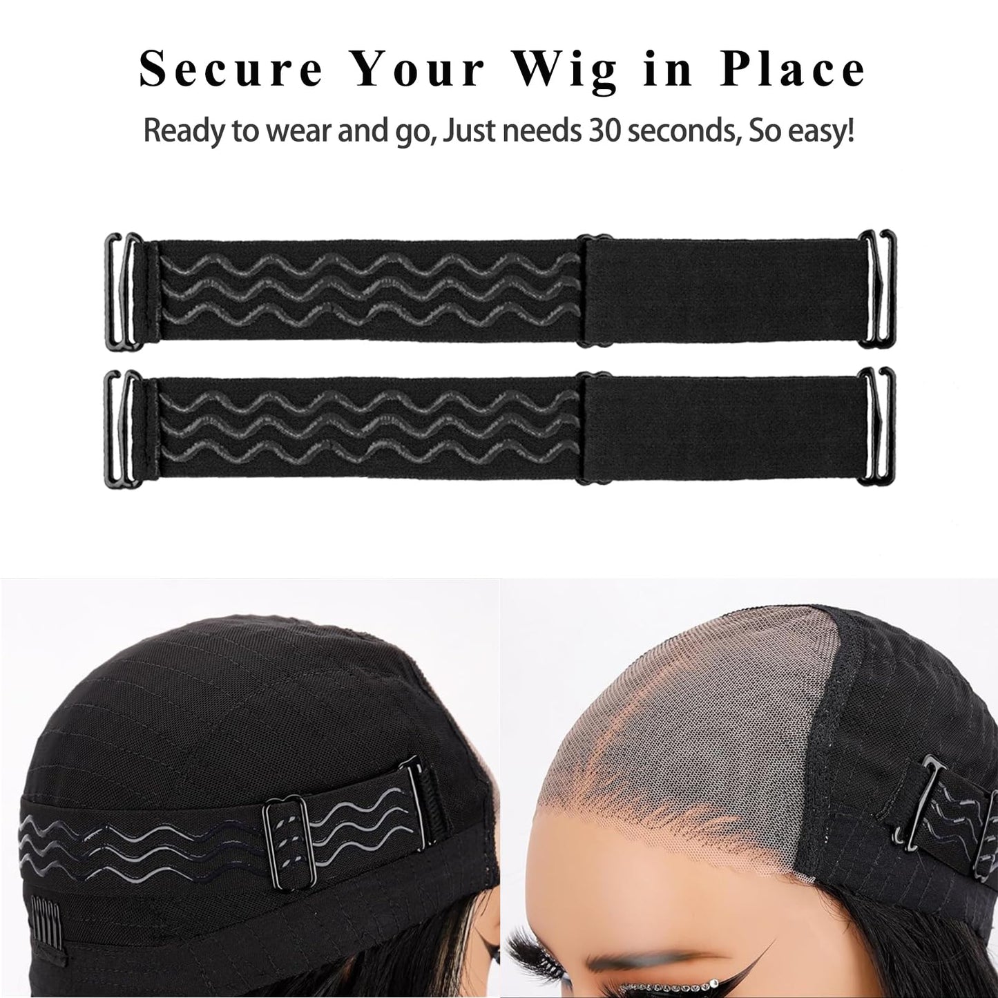 Atimiaza 4Pcs Adjustable Elastic Wig Band for Glueless Wig with Non-Slip Silicone Strips & Removable Buckles, Wig Bands for Keeping Wigs in Place Elastic Wig Strap to Secure Wig (Black)