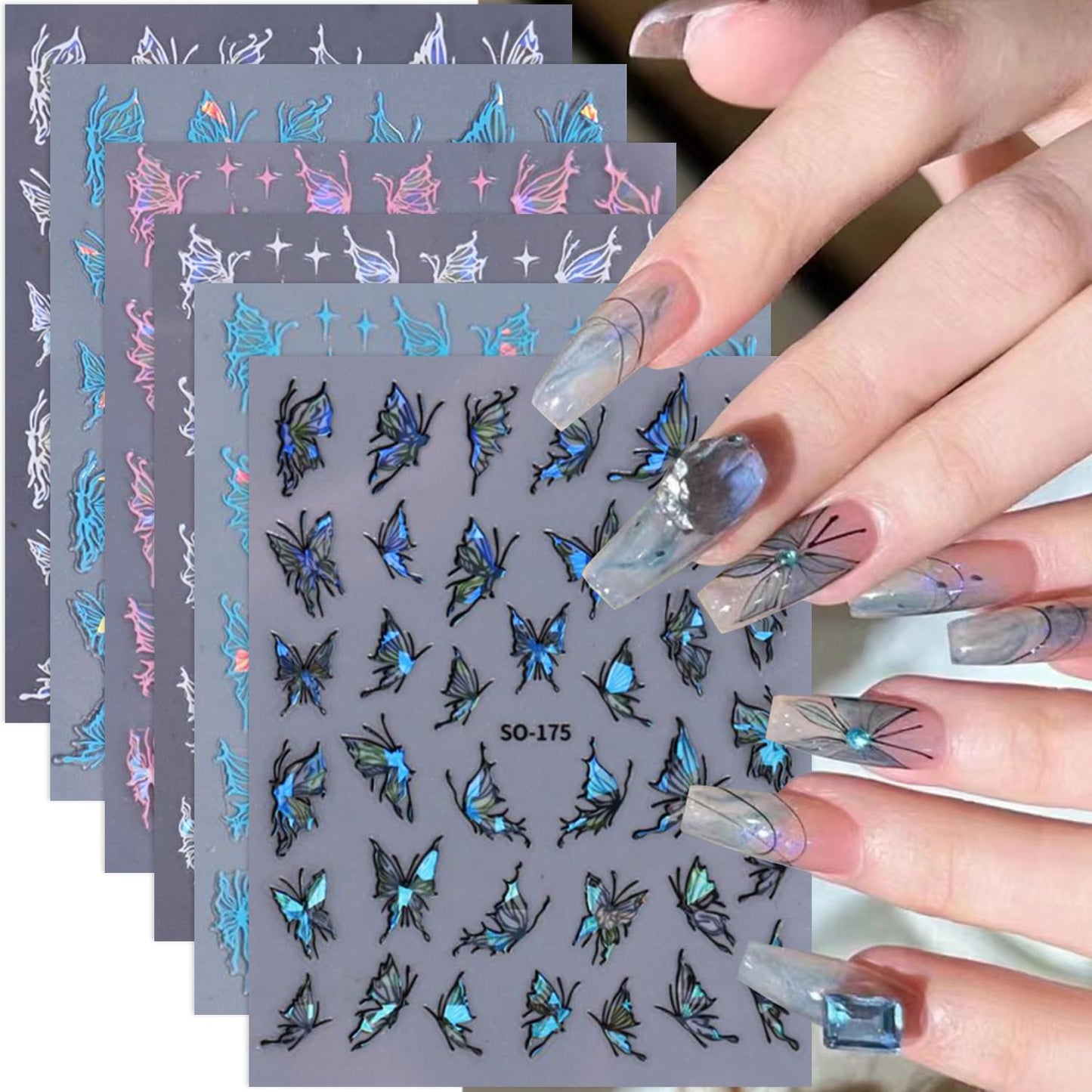 Butterfly Star Nail Art Stickers Decals 3D Self-Adhesive Laser White Black Blue Pink Butterfly Nail Art Designs Sticker Butterflies Nail Supplies Charms for Women Manicure Nail Decoration 6 Sheets