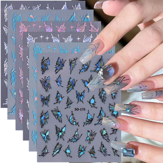 Butterfly Star Nail Art Stickers Decals 3D Self-Adhesive Laser White Black Blue Pink Butterfly Nail Art Designs Sticker Butterflies Nail Supplies Charms for Women Manicure Nail Decoration 6 Sheets