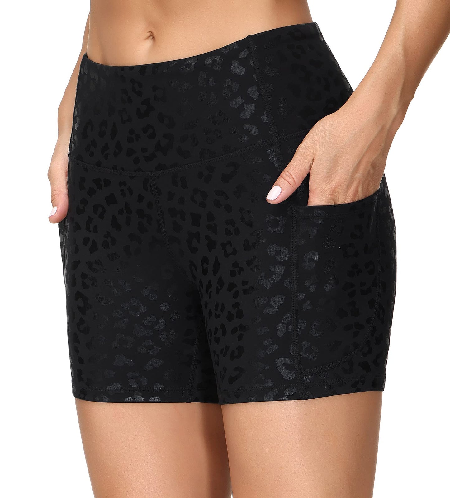 THE GYM PEOPLE High Waist Yoga Shorts for Women Tummy Control Fitness Athletic Workout Running Shorts with Deep Pockets (Small, Black spot Leopard)