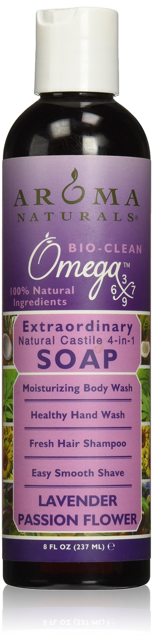 Aroma Naturals Extraordinary Natural 4-in-1 Castile Liquid Soap, Lavender Passion Flower, 8 Ounce