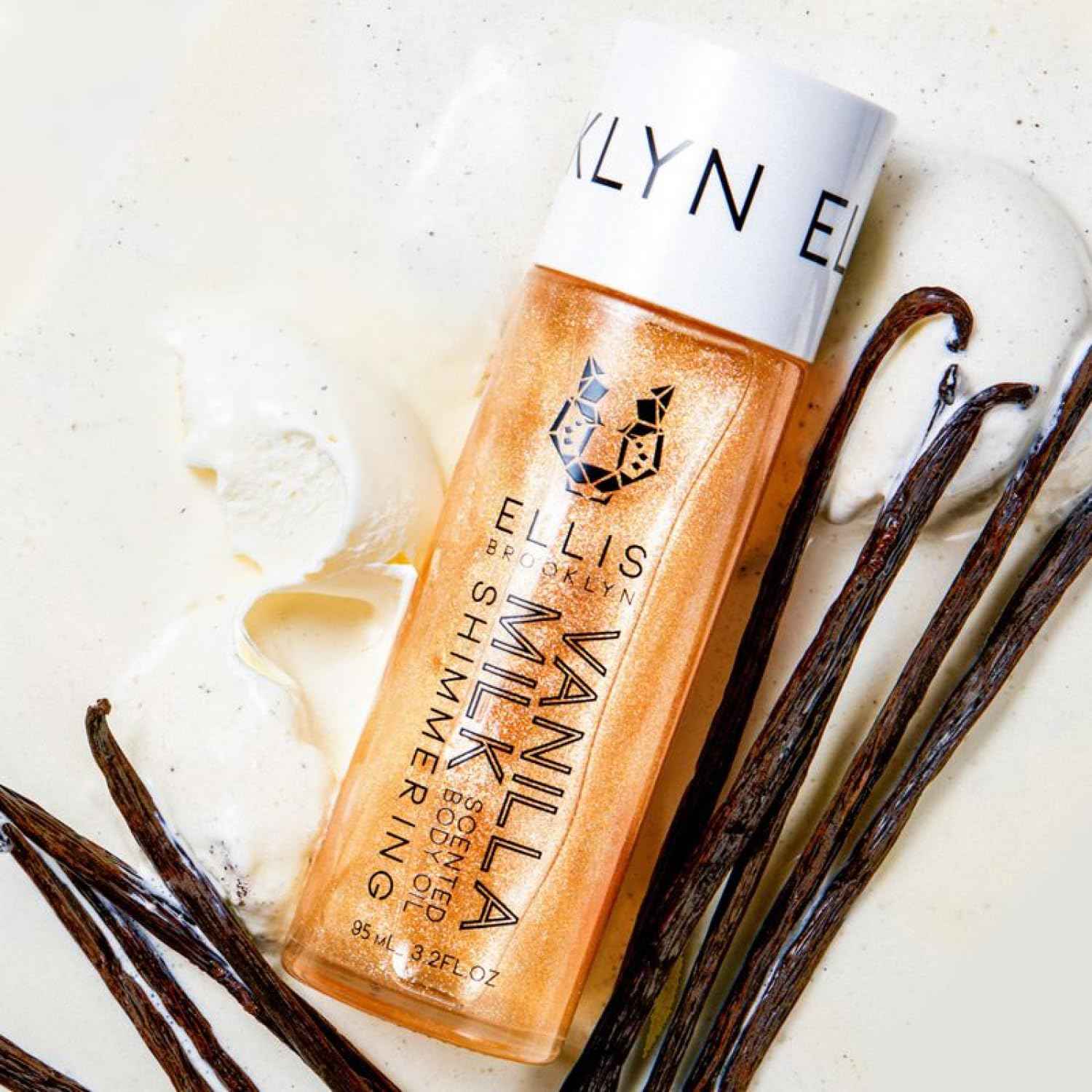 Ellis Brooklyn VANILLA MILK Shimmering Scented, Shimmer Body Oil, Dry Oil for Body, Moisturizing, Vanilla Body Oil Fragrance, Body Glow, 3.2 Fl Oz