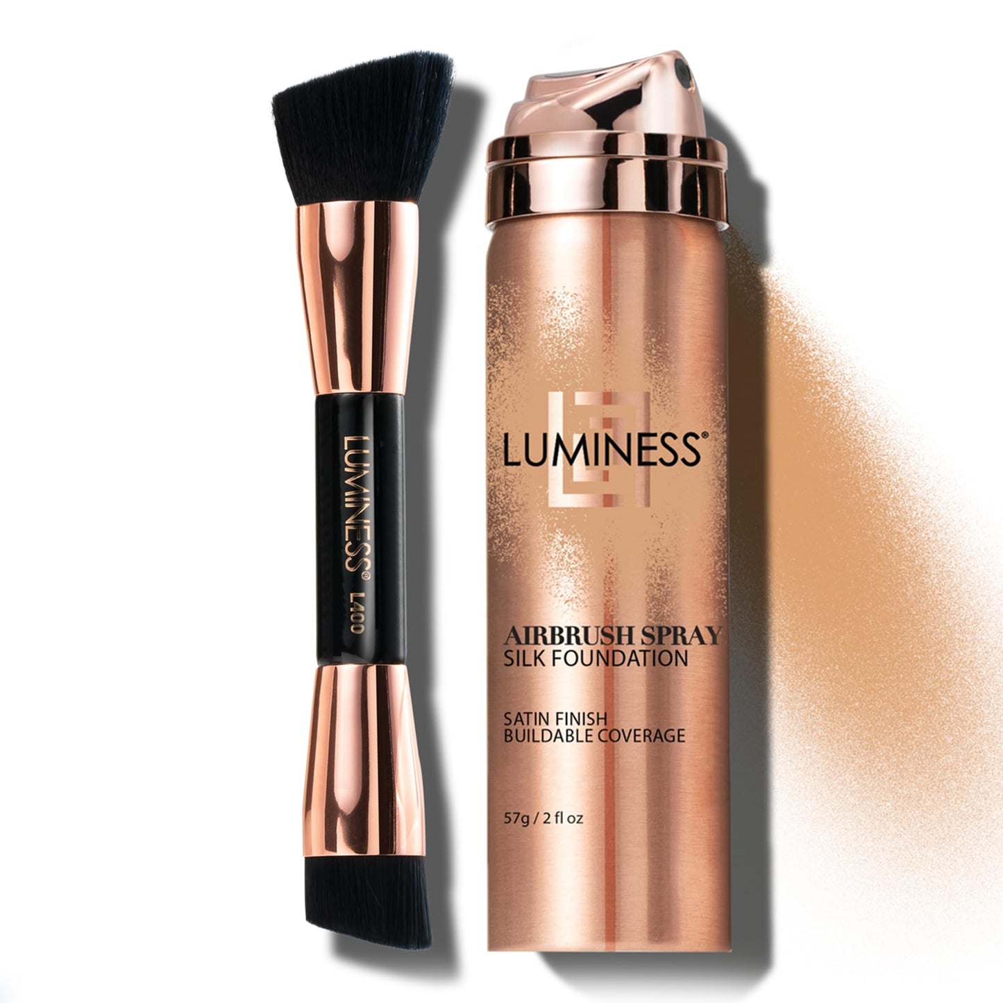 LUMINESS Silk Airbrush Spray Foundation & Buffing Brush Kit – Full Coverage Foundation & Dual-Sided Buffing Brush - Buildable Coverage, Anti-Aging Formula Hydrates & Moisturizes (Shade - Light Warm)