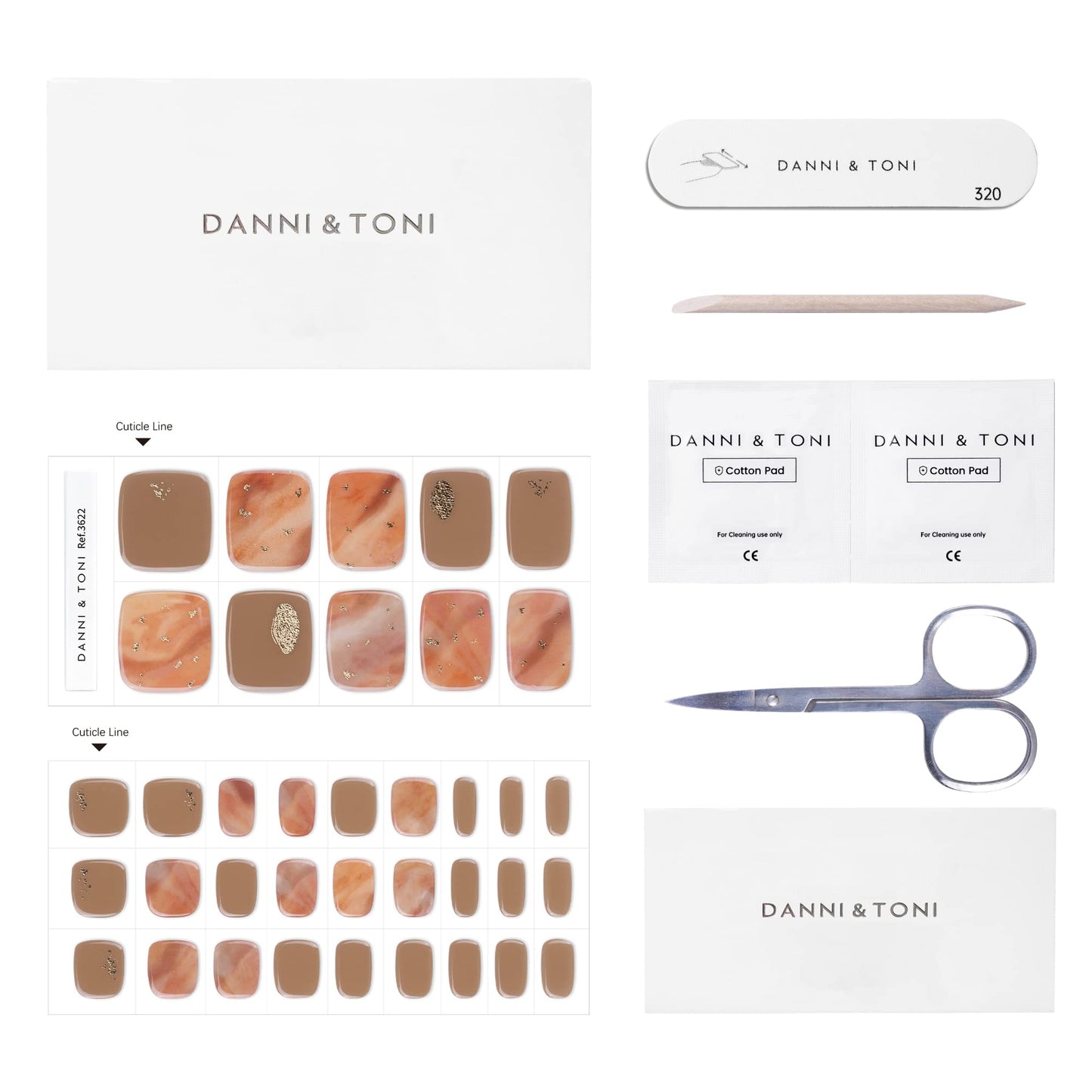 DANNI & TONI Semi Cured Gel Toenail Strips Tie-dye (Marble Elegance) Gilding Gel Toenail Stickers Dark Khaki Toenail Polish Strips 37 Stickers