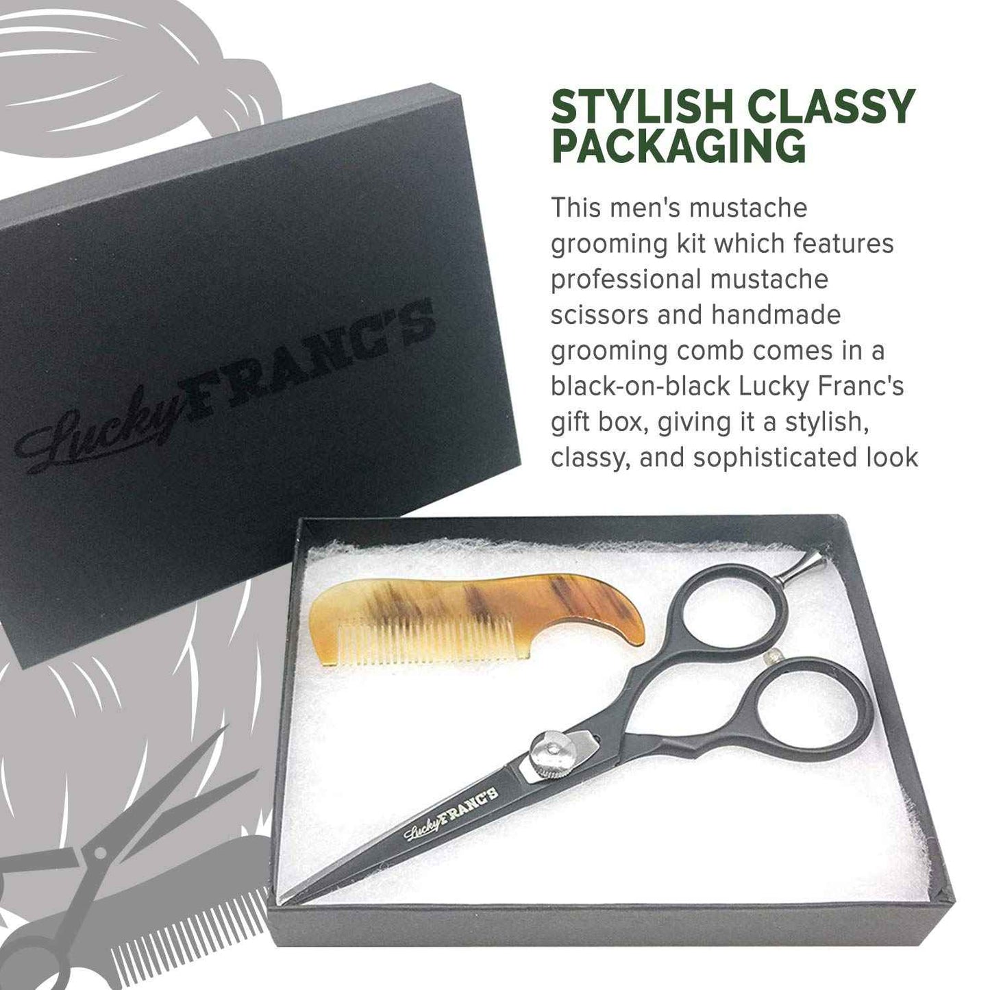 Lucky Franc's Beard Grooming Kit with Japanese Beard Scissors & Ox Horn Handmade Mini Beard Combs for Men. Mustache Trimming Kit with Mustache Hair Scissors and Comb for Men. Handmade Beard Care Kit