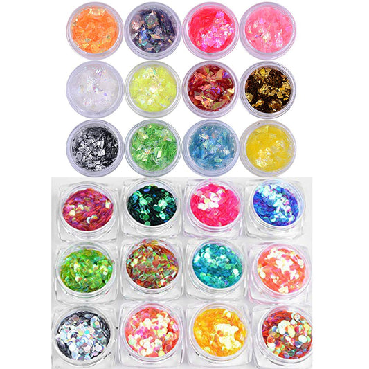 Minejin Nail Art Round Mermaid Glitter Sequins with Broken Shell Glass Paper Candy Foil Paillette Flakes DIY Tips 2 Set