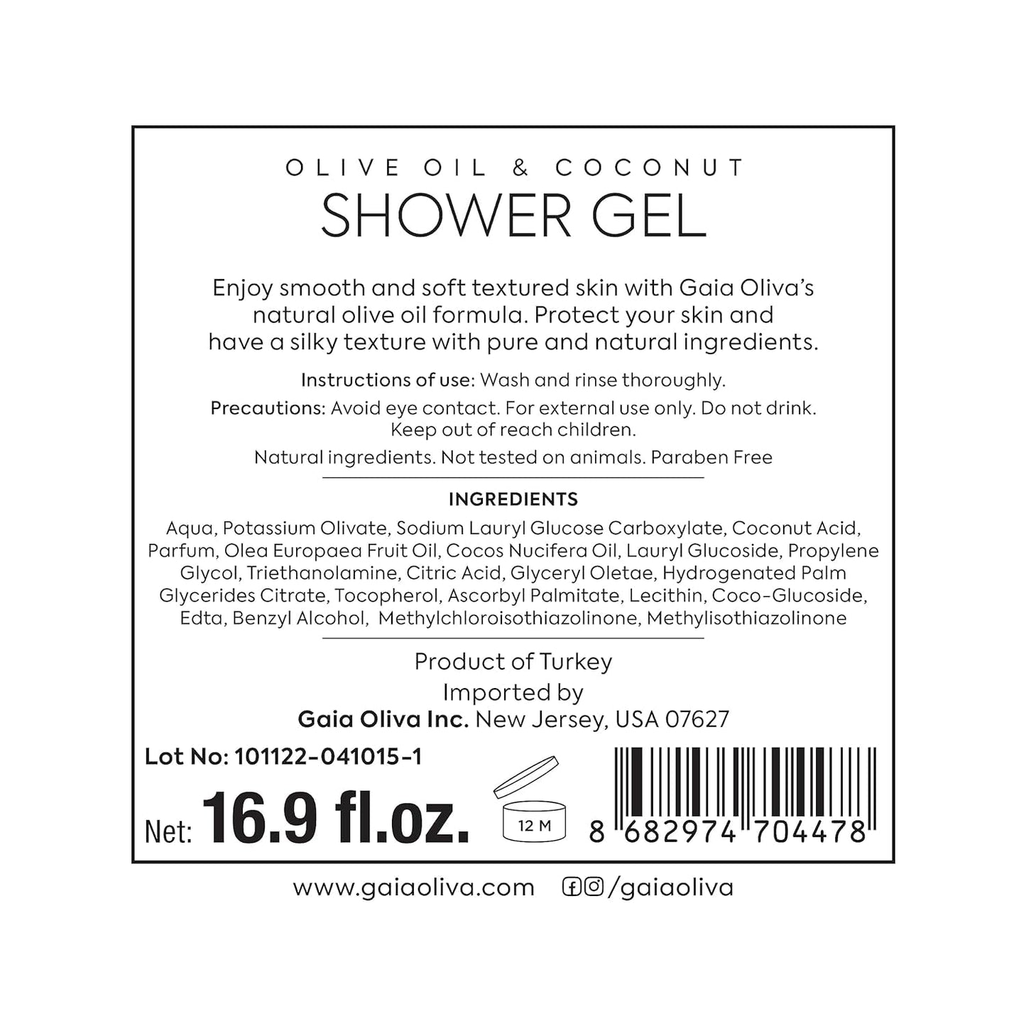 GAIA Oliva Liquid Shower Gel Olive Oil Moisturizing, Bath Body Wash, Bottle 16.9 FL OZ (Pack of 1, Coconut)