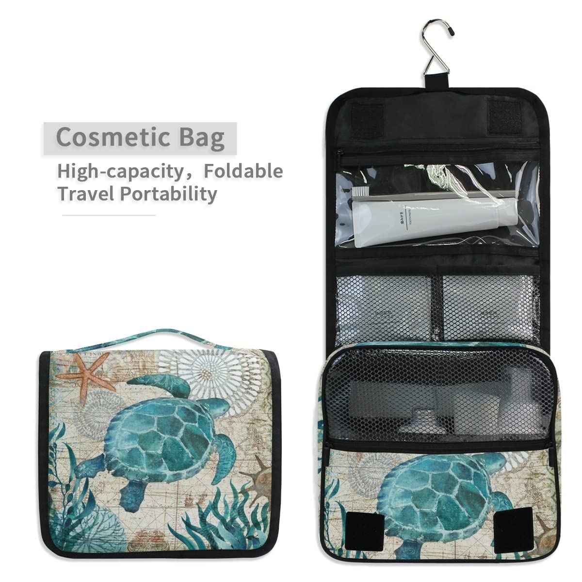 Hanging Travel Toiletry Bag Kit Makeup Case Cosmetics Organizer for Men Women (Sea Lives Turtle Coral)