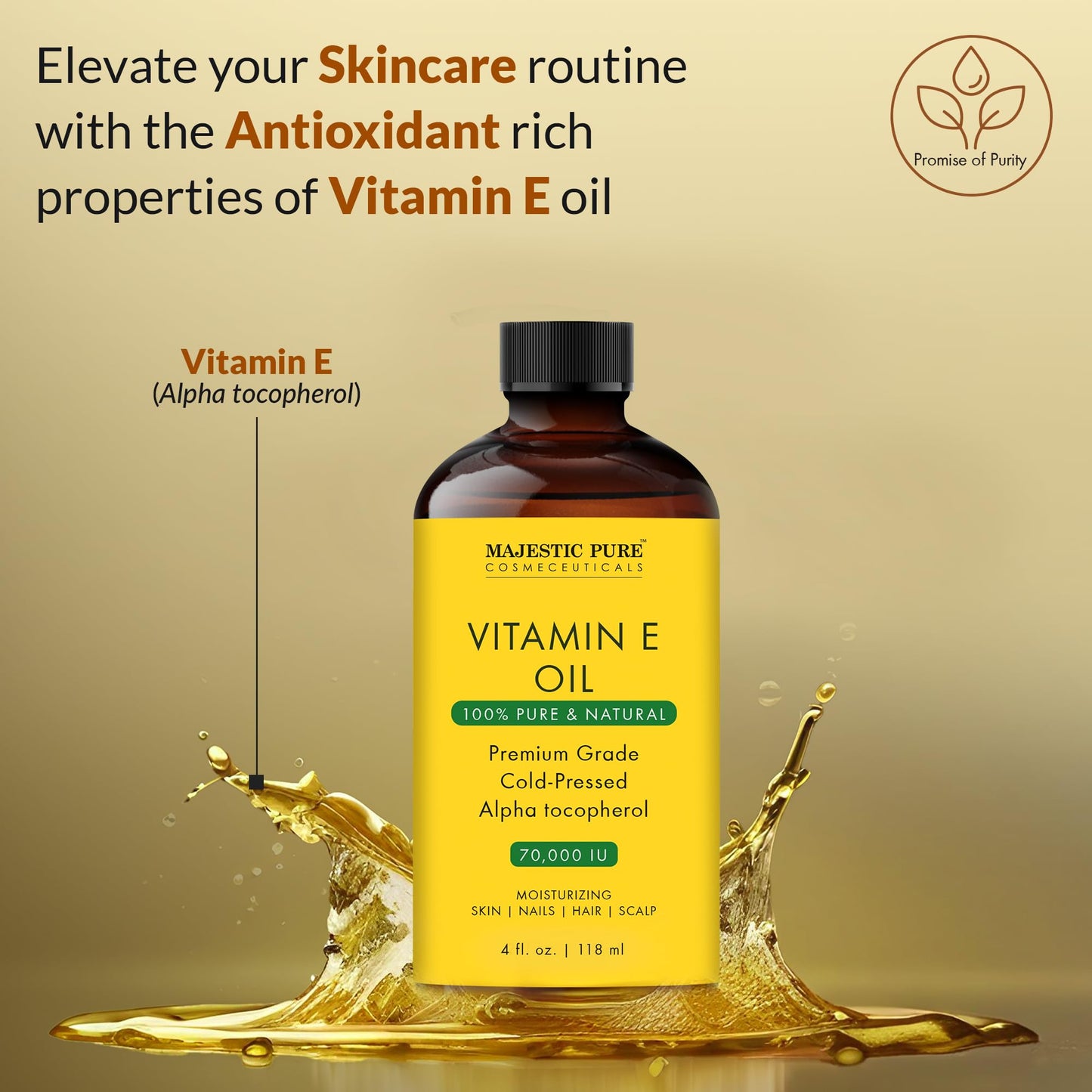 MAJESTIC PURE Vitamin E Oil - 100% Pure & Natural, 20,000 IU | Premium Grade, Cold-Pressed and Tocopherol to Repair Dry, Damaged Skin| Moisturizing Skin, Hair and Scalp 4 Fl Oz