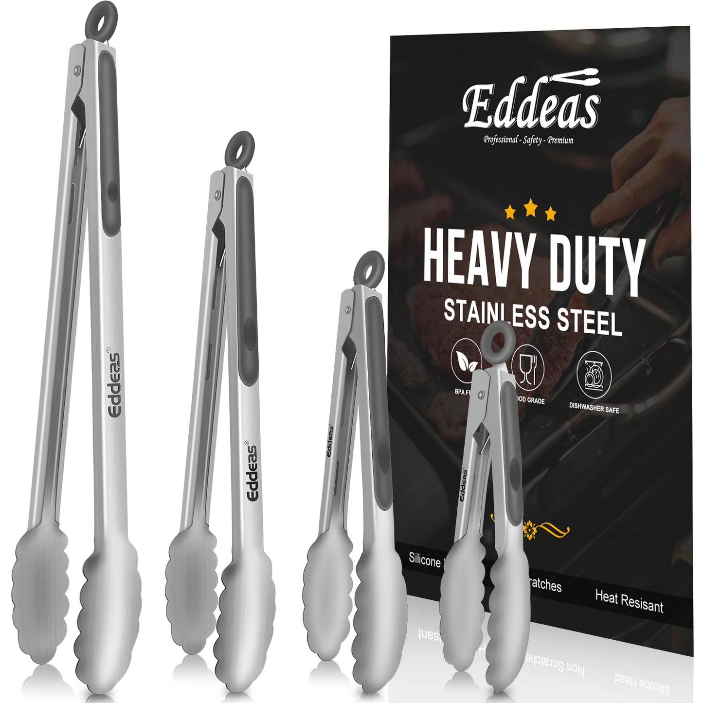 EDDEAS Tongs For Cooking - Heat Resistant 600 Degrees Metal Kitchen Tongs, Heavy Duty Stainless Steel Tongs - Perfect for Food, BBQ Set of 4, 7-9-12 &14 inch Grey